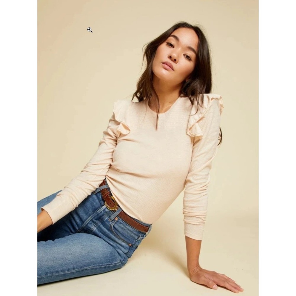 NATION LTD Smocked Neckline Ruffled Shoulder Long Sleeve Knit Top Peach Cream S